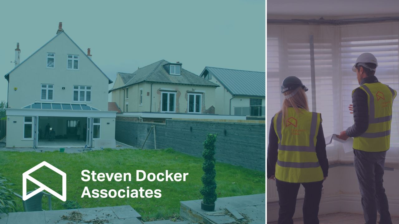 Ruby's case study - Web Hero (1) Steven Docker Associates branding with an image split into two sections. Left: Exterior view of a large house under renovation with open patio doors and a lawn in the foreground. Right: Two construction professionals wearing high-visibility vests and hard hats inspect the interior of a room with large windows and white blinds