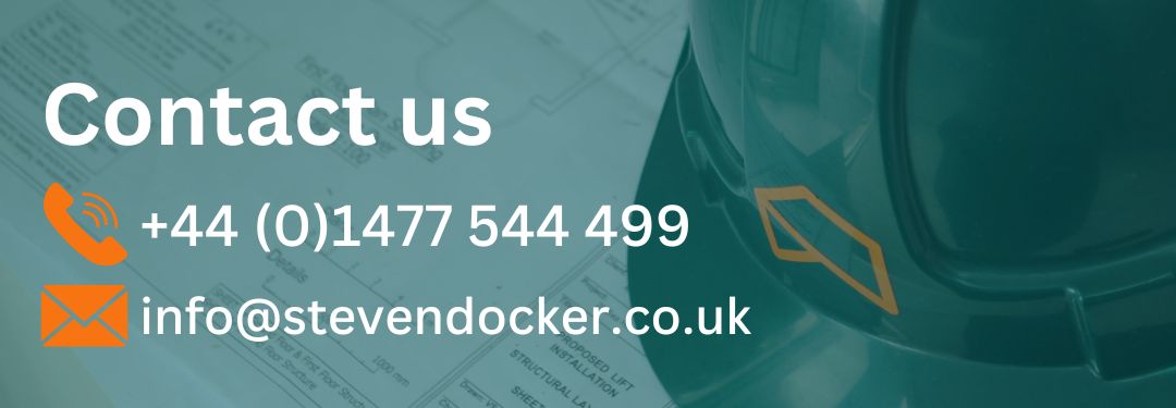 "Contact us section with icons for phone and email. Phone number: +44 (0)1477 544 499. Email: info@stevendocker.co.uk. Background shows construction blueprint and a green hard hat with a logo."
