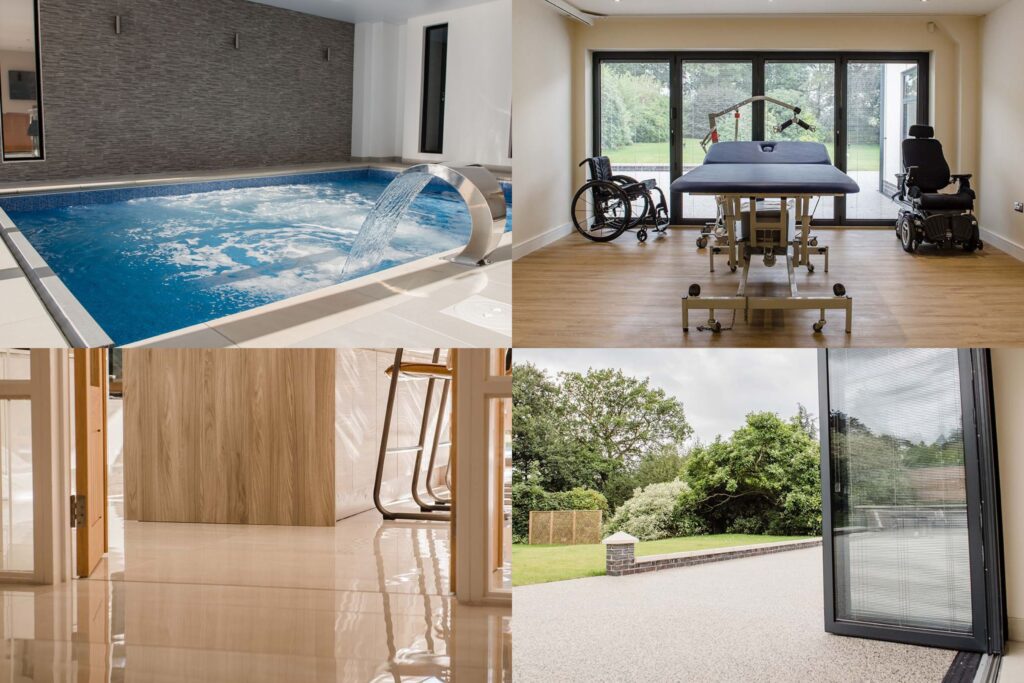 Collage of four images showcasing accessible home adaptations: an indoor therapy pool with a waterfall feature, a rehabilitation room with a wheelchair and treatment bed, a smooth interior floor leading to open doors, and an accessible outdoor patio with level access to a garden.