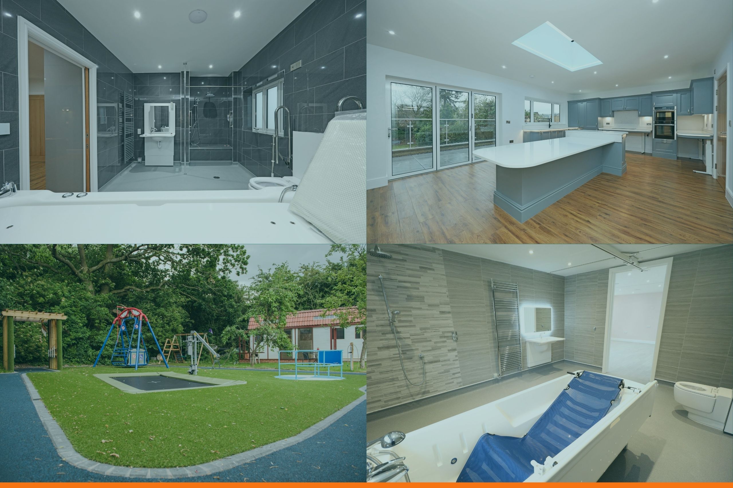 A collage of four images showing a modern, accessible home. The top left image shows a spacious bathroom with a walk-in shower and a bathtub. The top right image shows a bright kitchen with a large island and a dining table. The bottom left image shows a playground with swings, slides, and a playhouse. The bottom right image shows a bedroom with a hospital bed and a TV.