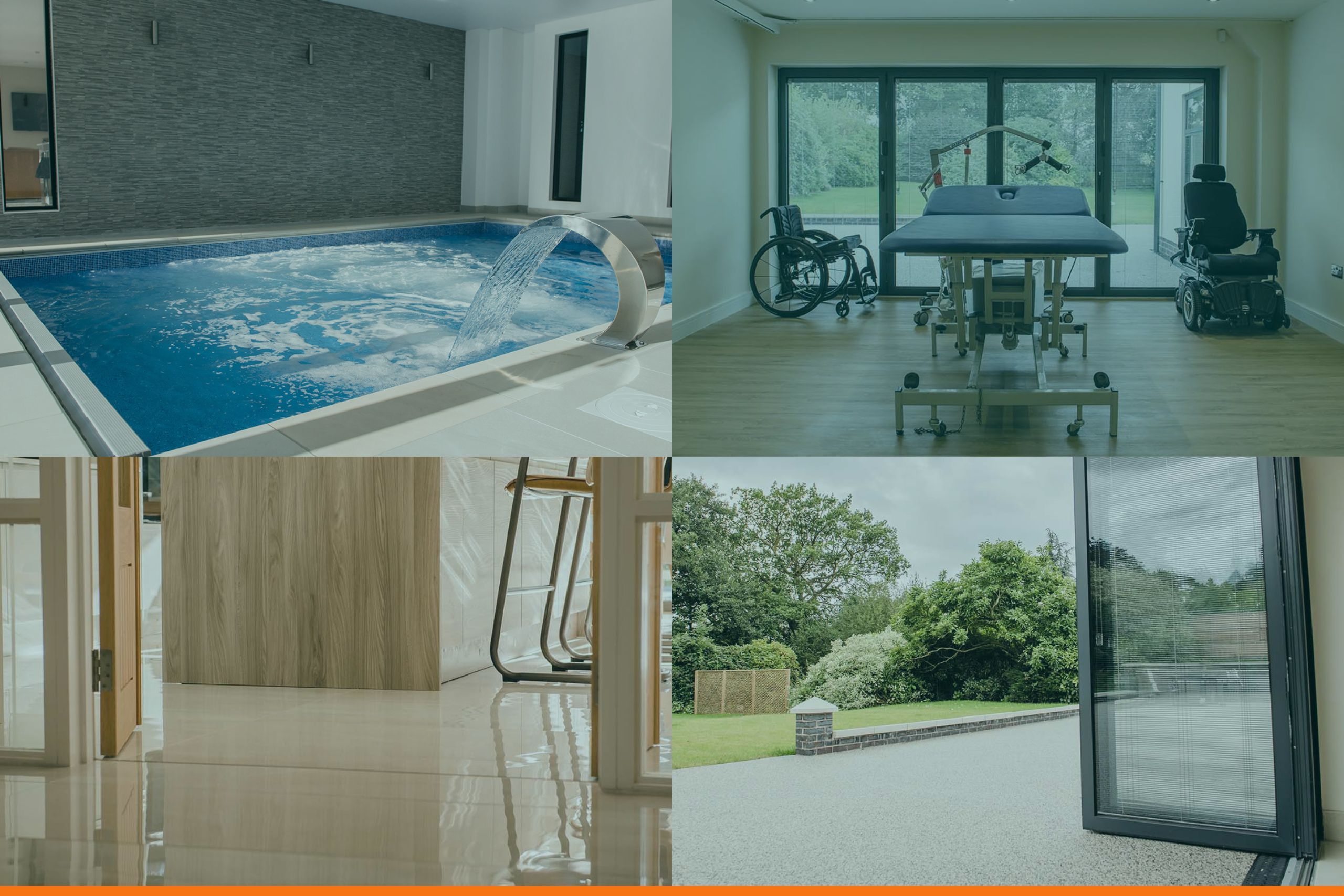A collage of four images showing a modern, accessible home. The top left image shows a swimming pool with a waterfall feature. The top right image shows a bedroom with a hospital bed and a wheelchair. The bottom left image shows a bathroom with a walk-in shower and a bathtub. The bottom right image shows a living room with a couch and a TV.