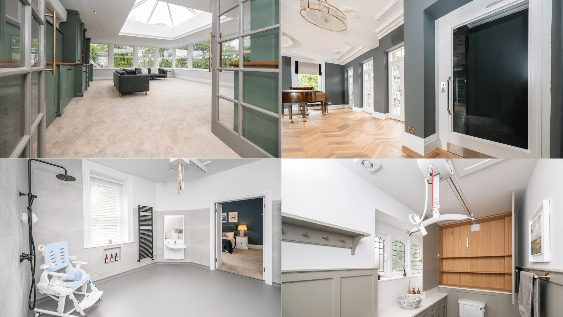 Key accessibility features within our latest adapted period property (1) A split image shows four different rooms in an adapted period property. The top left image shows a bright, open-plan living area with light-coloured flooring, large windows, and a glass ceiling feature, with green panelled walls and a grey sofa. The top right image features a room with a dark wooden parquet floor, high ceilings with ornate mouldings, a grand piano, and two tall windows; next to it is a close-up of a modern, dark-panelled elevator with a glass door. The bottom left image displays a spacious, accessible bathroom with a shower chair, grab bars, a towel warmer, and a commode. The bottom right image shows a room with a hoist system on the ceiling and a wall-mounted changing table, suggesting a multi-functional care space.